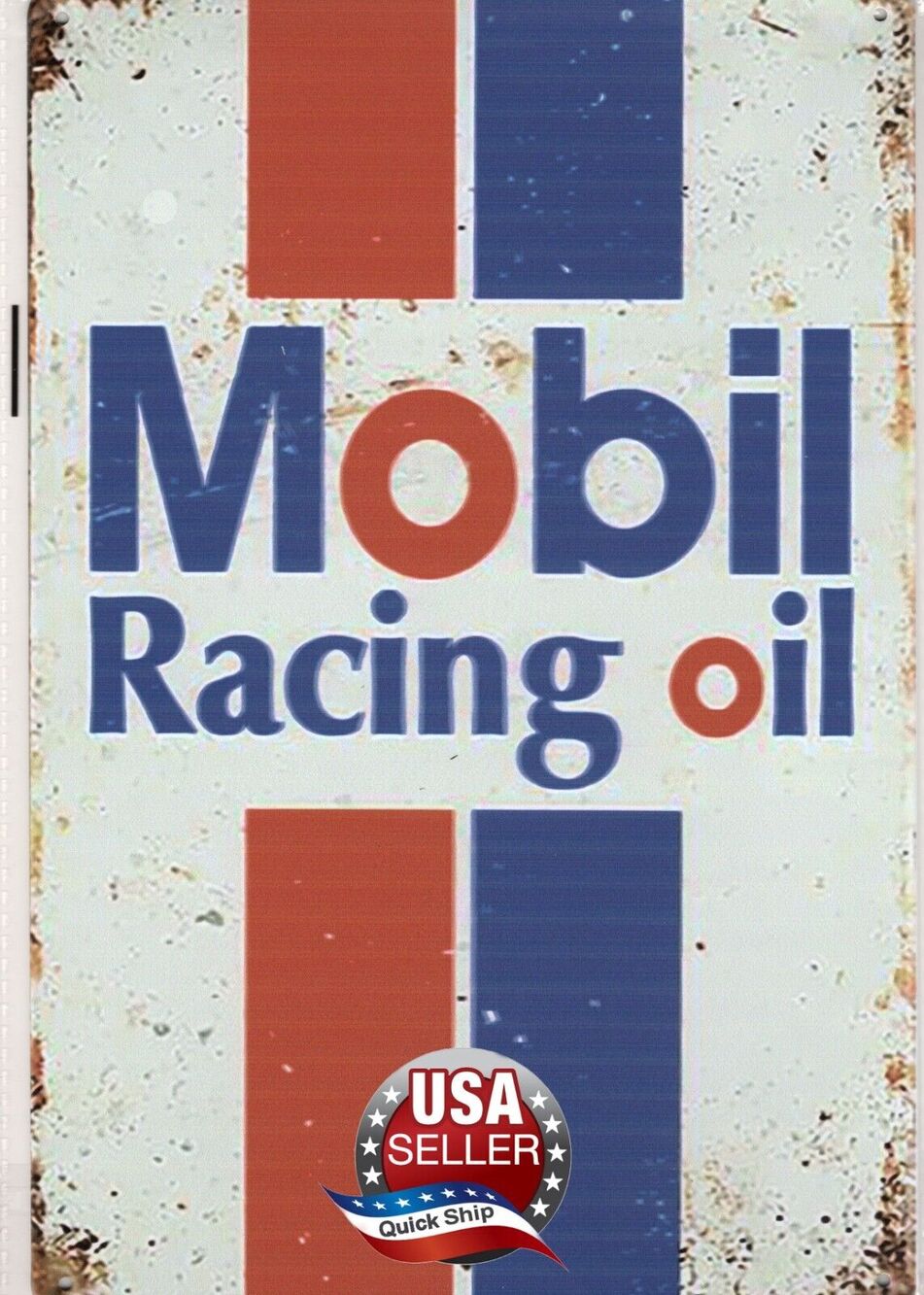Retro Distressed Tin Sign • Petroliana • Mobil Racing Oil • Red, White, & Blue